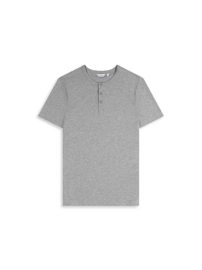 Flat lay shot of a grey short-sleeve henley shirt