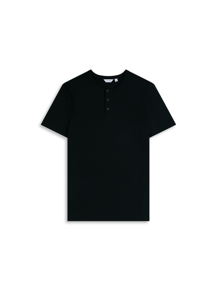 Flat lay shot of a black short-sleeve henley shirt