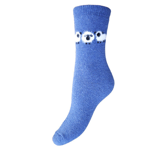 Blue sock with fluffy sheep design on a white background