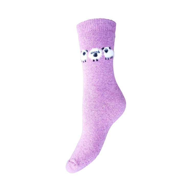 Pink sock with sheep design on a white background