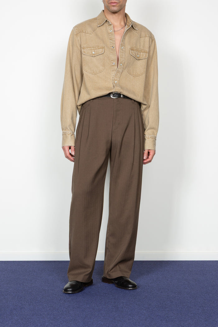 Triple Pleated Wide Leg Trouser - Brown Herringbone