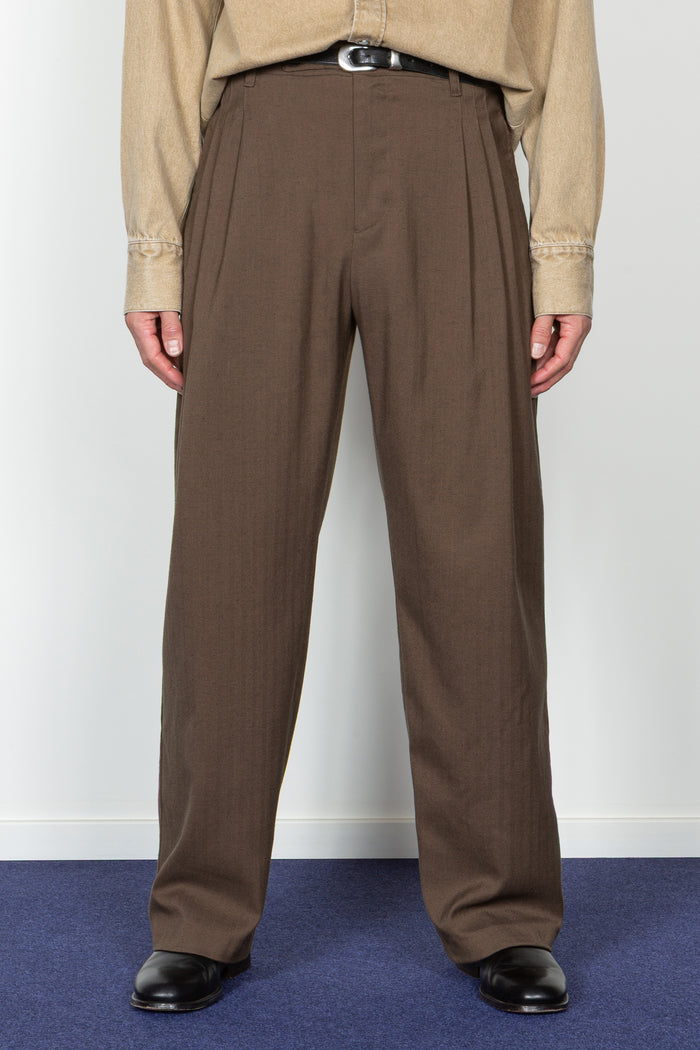 Triple Pleated Wide Leg Trouser - Brown Herringbone