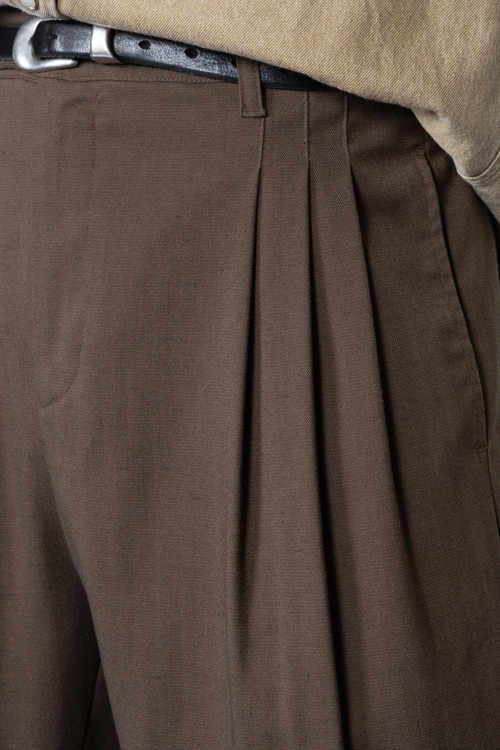 Triple Pleated Wide Leg Trouser - Brown Herringbone