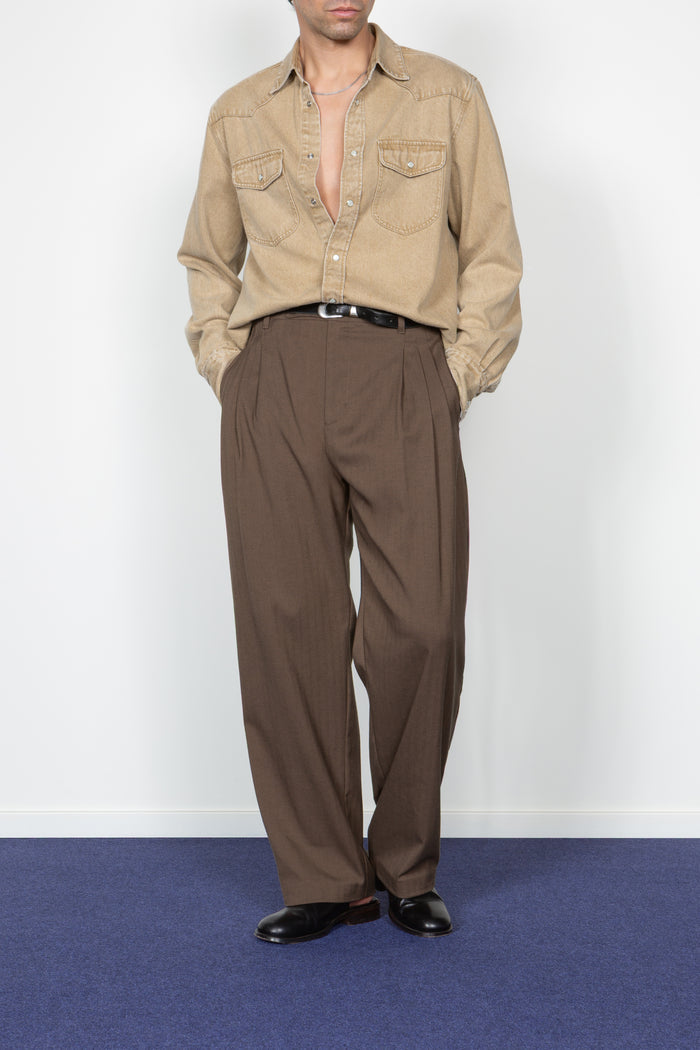 Triple Pleated Wide Leg Trouser - Brown Herringbone