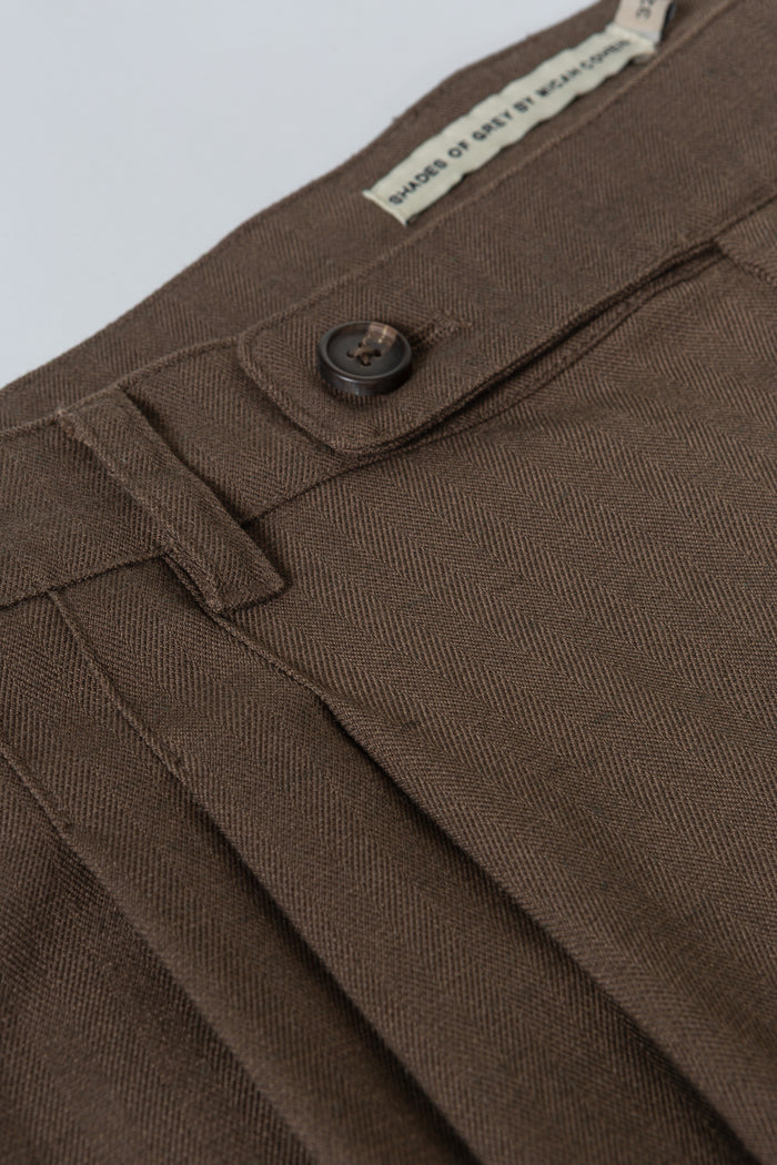 Triple Pleated Wide Leg Trouser - Brown Herringbone