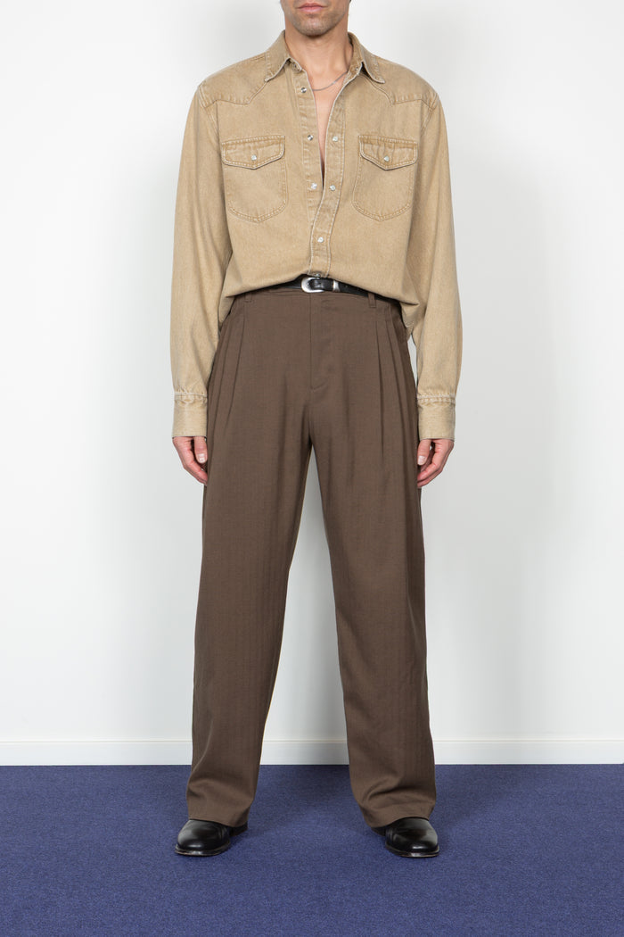 Triple Pleated Wide Leg Trouser - Brown Herringbone