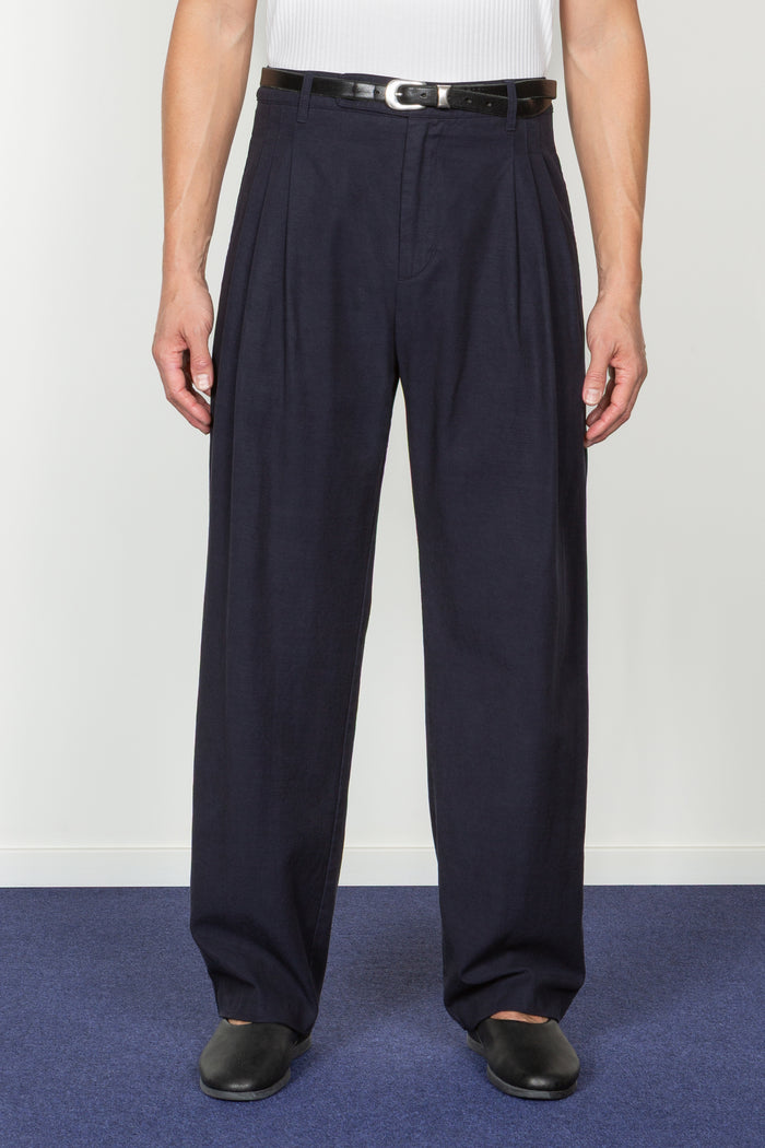 Triple Pleated Wide Leg Trouser - Navy