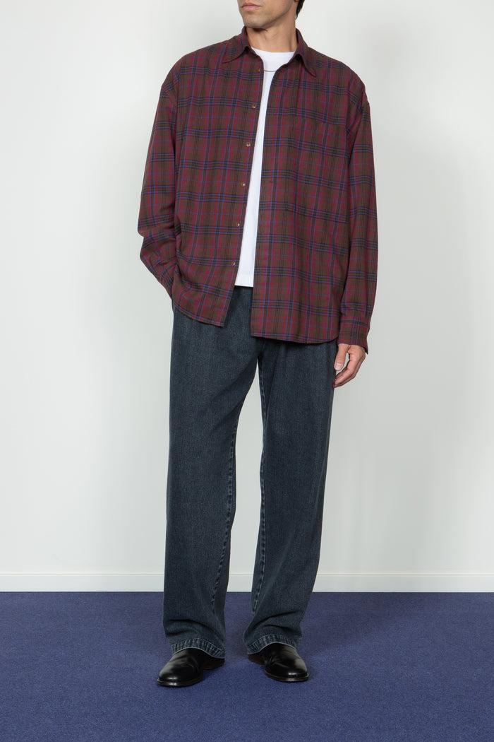 Ultra Oversized Big Pocket Shirt - Brown / Wine Plaid Flannel
