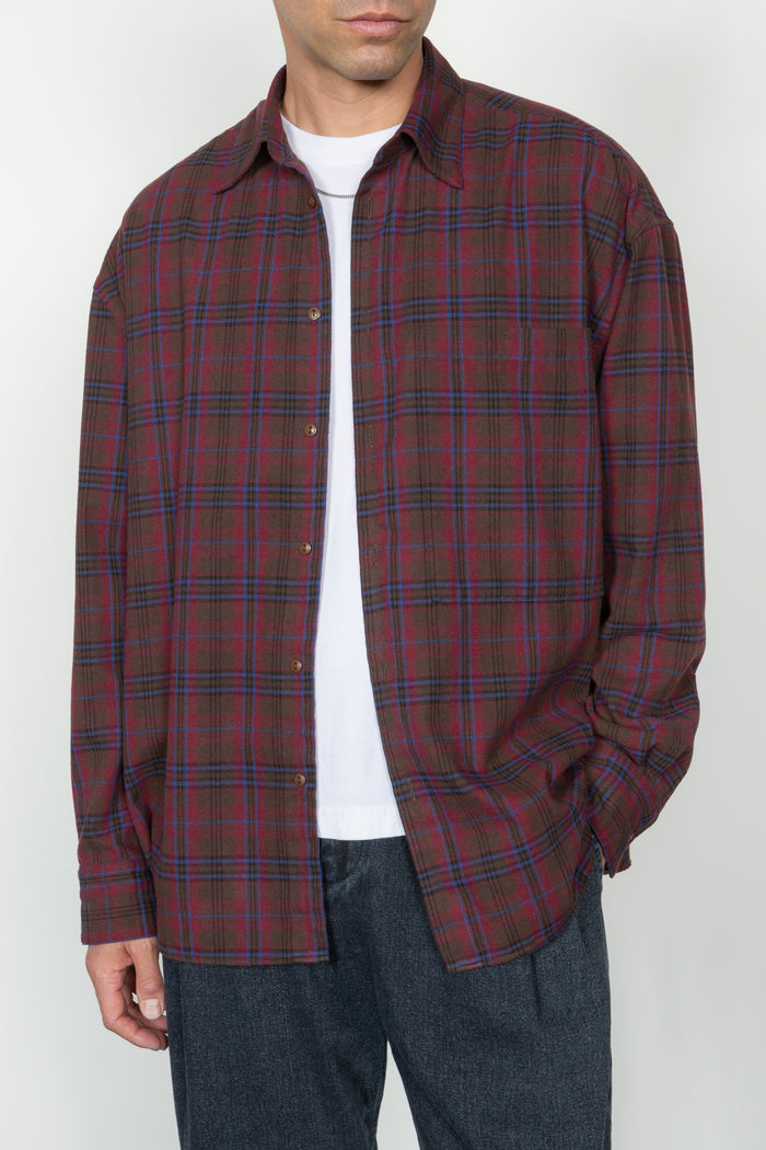 Ultra Oversized Big Pocket Shirt - Brown / Wine Plaid Flannel
