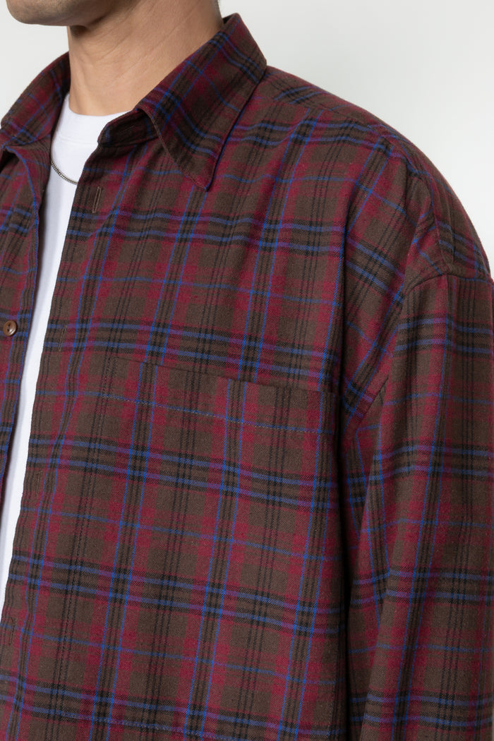 Ultra Oversized Big Pocket Shirt - Brown / Wine Plaid Flannel