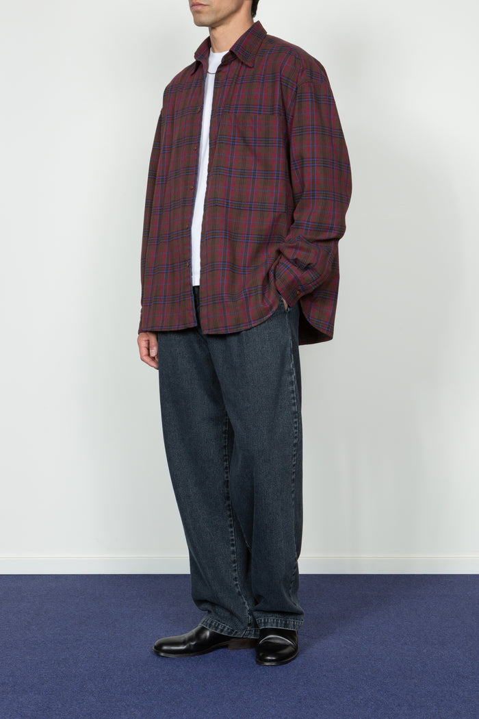 Ultra Oversized Big Pocket Shirt - Brown / Wine Plaid Flannel