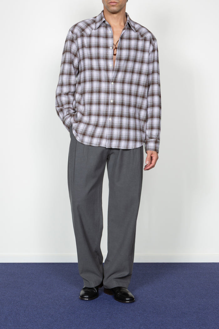 Western Button Down Shirt - Brown / Grey Shadow Plaid Flannel