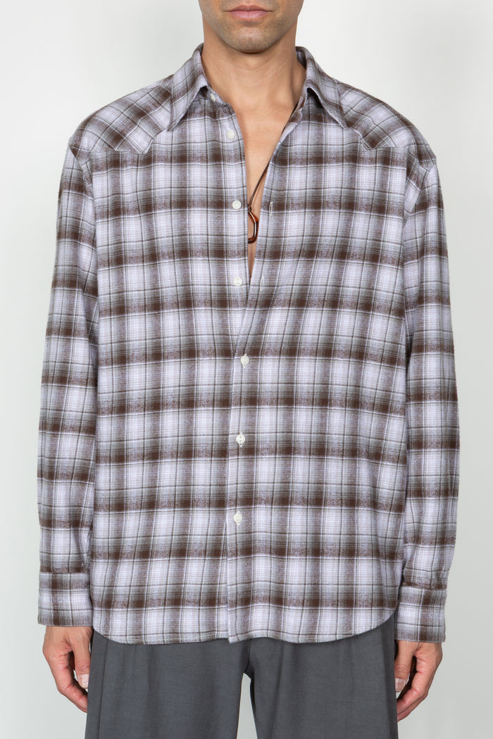 Western Button Down Shirt - Brown / Grey Shadow Plaid Flannel