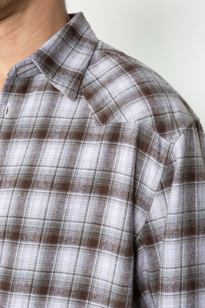 Western Button Down Shirt - Brown / Grey Shadow Plaid Flannel