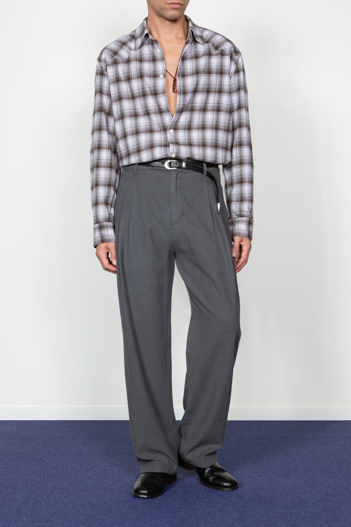 Western Button Down Shirt - Brown / Grey Shadow Plaid Flannel