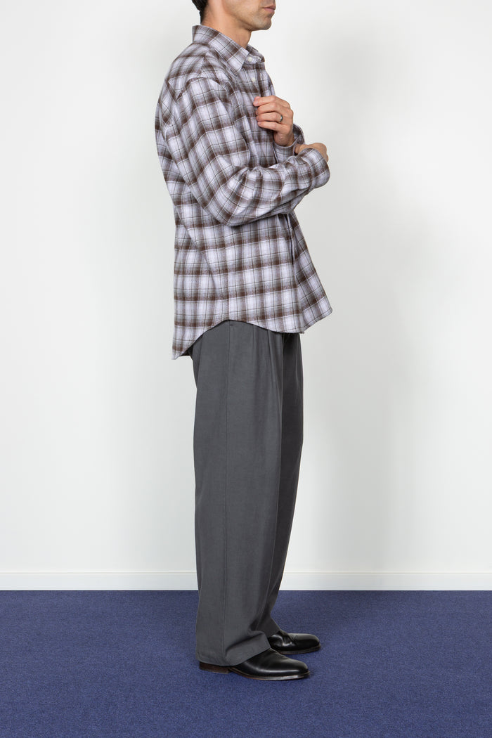 Western Button Down Shirt - Brown / Grey Shadow Plaid Flannel